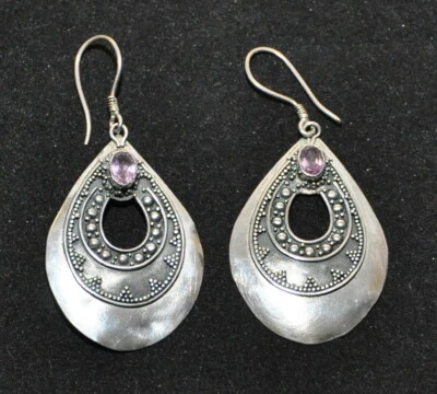 Grandi orecchini donna goccia vintage in Argento 925 con Ametista sintetica rosa - Immagine 1 di 4