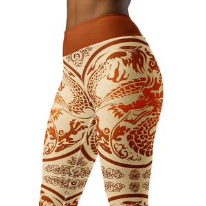 Dragon Tattoo Leggings - Burnt Orange Beige Zodiac Talisman Asian Art Yoga Pants - Picture 1 of 18