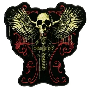 Flying Skull Gothic Cross Jacket Vest BACK PATCH |12" X 12" Iron on or Sew - Picture 1 of 1