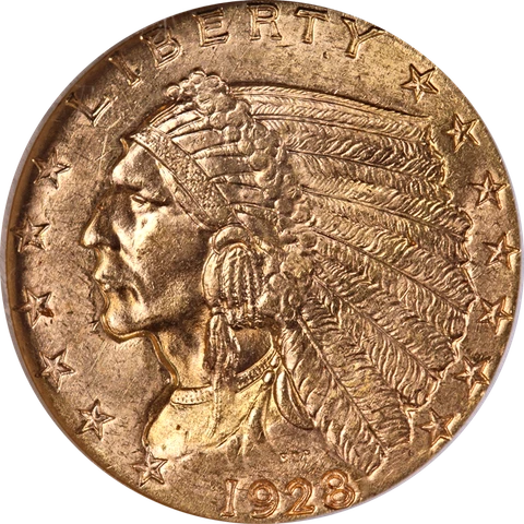 1928 Indian Gold $2.50 CAC Sticker NGC MS64 Superb Eye Appeal Strong Strike Cover