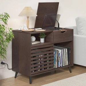 Record Player Stand, Vinyl Record Cabinet with Power Outlet Fluted - Picture 1 of 15