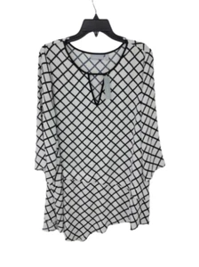 Harper & Liv Top Women Plus 2X Blue White Print Keyhole Neckline Flowy Blouse - Picture 1 of 11