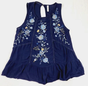 Women's Sleeveless Shirt XS Blue Embroidered Floral Ruffled Hem Keyhole Boho - Picture 1 of 6
