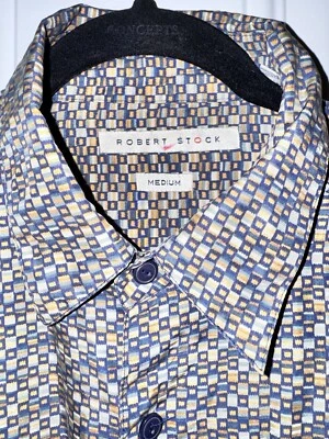 Robert Stock Masculino 100% Seda Botão Manga Curta Azul Amarelo Cinza Tamanho MED - Imagem 1 de 4