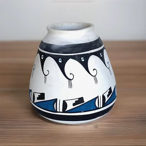 Vintage Native American Blue, White & Black Hand Decorated Vase, 6-5/8" Tall - Picture 1 of 11