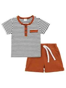 Toddler Boy Summer Clothes Baby Striped T-Shirt Tops + Shorts 2PCS Outfits Set - Picture 1 of 20
