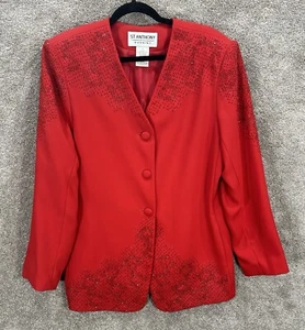 St Anthony Evening Blazer Womens 14 Red Beaded Holiday Christmas Button Jacket - Picture 1 of 8