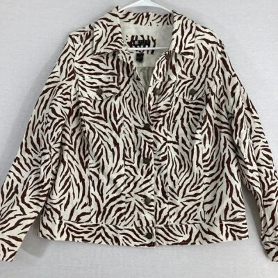 Chaqueta Carole Little Marrón Blanco Abstracto 100% Lino Talla 1X Foto 1 de 4