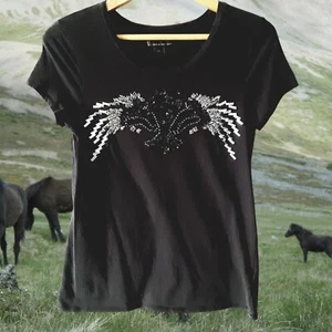 JEANS by BUFFALO T-Shirt Size S Jr Black Sequined Rhinestone Horses Equestrian - Picture 1 of 12