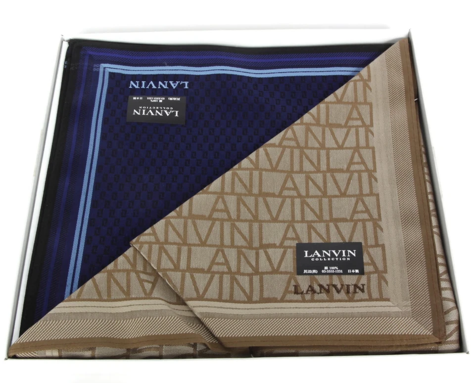 Conjunto de 2 Lenços Masculinos Lanvin Vintage Anos 80 Logotipo Bege e Azul Não Usado - 521 - Imagem 1 de 4