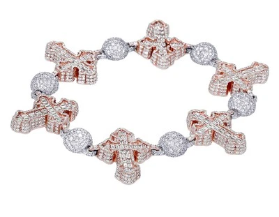 Cross and Real Diamond Beads Link 17CT Bracelet 10k Rose/White Gold 8.25" - Image 1 of 4