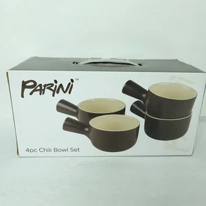 Parini 4pc Chili Bowl Set w/ Handle Ceramic Brown Cream Cookware NEW Oven Safe - Picture 1 of 5