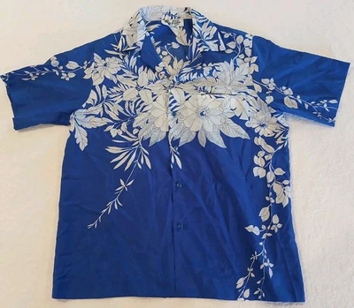 Hilo Hattie Shirt Mens XL Blue White Floral Hawaiian Aloha Button Up Polyester - Image 1 of 4
