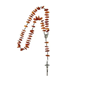 Vintage Bernstein Katholischer Rosenkranz Silberdraht Taschengebet Kruzifix Jesus Italien - Bild 1 von 6