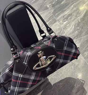 Vivienne Westwood Orb Plaid Bowling Bag Black Red Tartan Medium Leather Trim - Image 1 of 4
