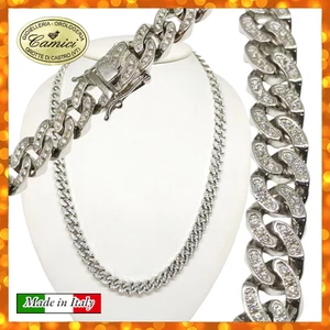 Collana argento 925 maglia grumetta zirconi rodio qualità 57,7 gr. Made in Italy - Foto 1 di 5