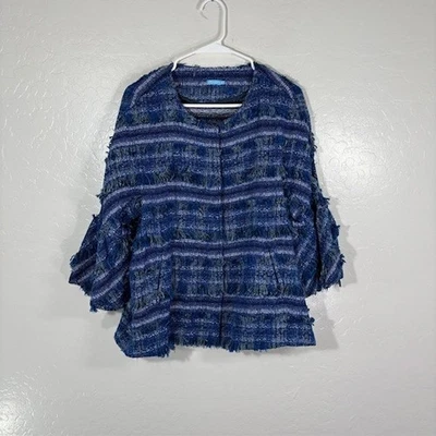 Jaqueta J McLaughlin Feminina Grande Azul Boucle Franja Texturizada Botão para Cima Boho Chic - Imagem 1 de 4