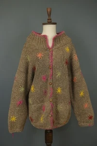 PACHAMAMA KNITWEAR Brown Floral 100% Wool Button Front Cardigan Sweater Size L - Picture 1 of 14