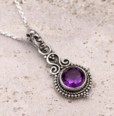 Collar redondo minimalista colgante de piedra amatista púrpura plata de ley 20" pulgadas Foto 1 de 4