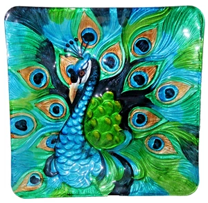 Bunte geprägte Glas Pfau Platte Tablett Kunst Hollywood Regency Glam Wand 12" - Bild 1 von 11