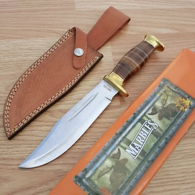Marbles Bowie Knife 7" Stainless Clip Point Blade Stacked Leather Handle wSheath - Image 1 of 4