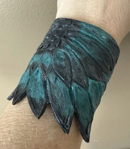 Handmade Genuine Leather Teal Black Feather Cuff Bracelet Jewelry 6.5” - Picture 1 of 4