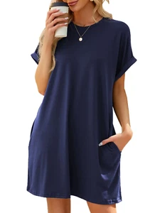 Womens Dress Summer Casual Roll up Sleeves T Shirt Dress Solid Color round Neck  - Picture 1 of 12