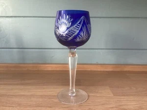 Vintage Bohemian Blue Cut to Clear Crystal Hock Wine Glass - Picture 1 of 5