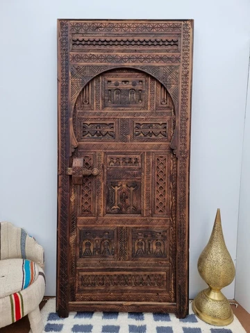 Great Vintage Handmade Moroccan Door 88"x39", Old Artwork Moroccan Carved Door Cover