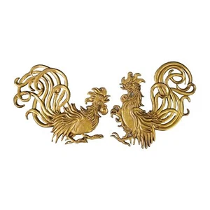 Vintage Golden Cast Metal Fighting Roosters Made In USA Vermay Wall Art MCM - Picture 1 of 9