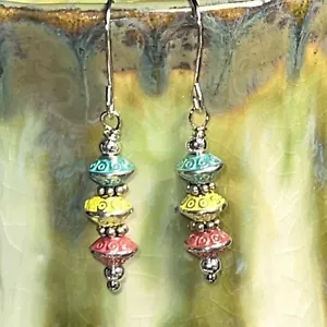 Spring Colors Stacked Earrings. Silver Tone. Red. Blue. French Hooks. S876 - Picture 1 of 4