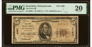 1929 Sewickley, PA $5 Type 1 The First National Bank Ch. # 4462 PMG 20 - Picture 1 of 2