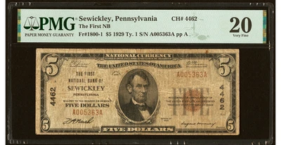 1929 Sewickley, PA $5 Type 1 The First National Bank Ch. # 4462 PMG 20 - Image 1 of 2