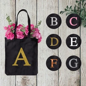 Personalised Initial Black Tote Bag Alphabet Letter Cotton Shoulder Shopper A-Z - Picture 1 of 15