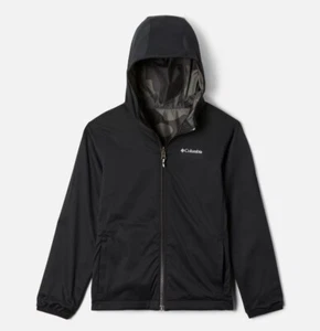 $65 Columbia Kids M 10/12 Water Resistant Reversible Hood Rain Jacket Black Camo - Picture 1 of 5