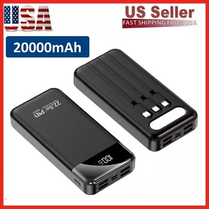 Portable Power Bank 20000mAh Fast Charging Battery with 3 Built in Cables Black - Picture 1 of 12