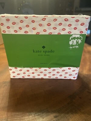 Conjunto de lençóis Kate Spade QUEEN lábios vermelhos algodão branco percal 4 peças beijos dos namorados - Imagem 1 de 4