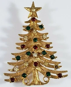 Vintage Signed MYLU Christmas Tree Pin Brooch Book Piece Gold Tone Rhinestones - Picture 1 of 6