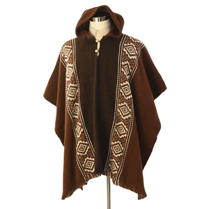 Boho Alpaca Wool Hooded Poncho Two Tone Brown Ivory Geometric Mens Artesanias OS - Picture 1 of 5