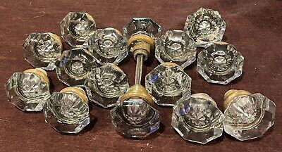Lot Of 15 Vintage Octagon 8 Point Glass And Brass Door Knobs • 65.65$