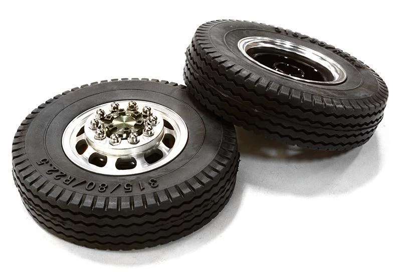 Machined Alloy T5 Front Wheel & XE Tire Set for Tamiya 1/14 Scale Tractor Trucks - Image 1 of 1