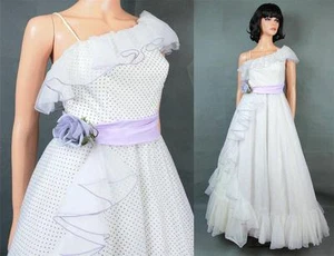 One Shoulder Prom Dress XS Vintage White Chiffon Purple Swiss Dot Wedding Gown - Picture 1 of 9
