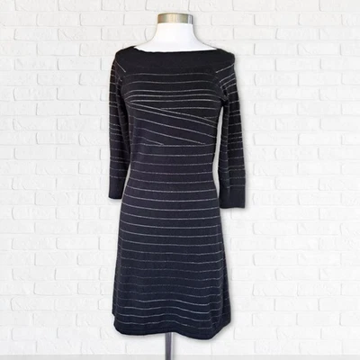 White House Black Market Silver Stripe Black Knit Sweater Dress Size Medium - Image 1 of 4
