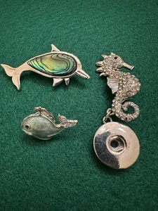 Lot Of 3 Sea Animals- Dolphin, Whale, Seahorse Brooch Pins Abalone Silver Tone - Picture 1 of 6
