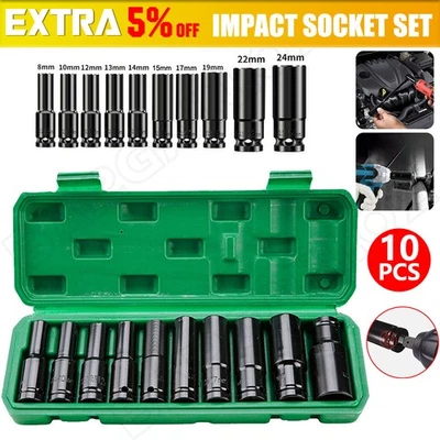 10Pcs 8-24Mm 1/2 inch Drive Deep Impact Socket Set Heavy Metric Garage Tool NEW - image 1 of 4
