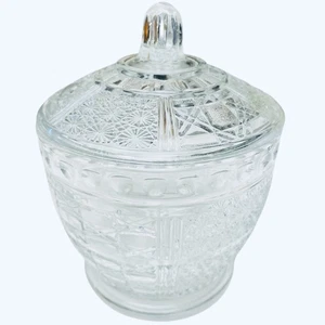 Vintage Indiana Glas Gänseblümchen und Rohr Muster Klar Zuckerdose Süßigkeiten Schale mit Deckel - Bild 1 von 6