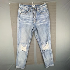 The Rockn Rev Jeans Women 4 Blue Distressed Ripped Knees Tapered 100% Cotton - Picture 1 of 7