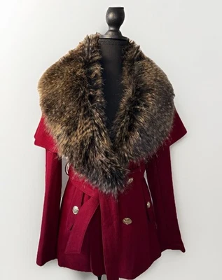 Abrigo de lana Steve Madden capa para mujer pequeño cuello de piel sintética chaqueta de doble pecho Foto 1 de 4