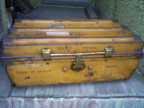 Antique Ships Trunk Chest Foot Locker "STAR OF INDIA" Steel w/Brass Hardware Cover