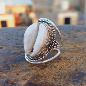 Cowrie Shell Ring Handmade  Solid 925 Sterling Silver Meditation RingR04 - Picture 1 of 6